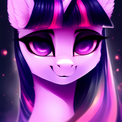 Size: 2048x2048 | Tagged: safe, ai generated, automatically imported, derpibooru exclusive, derpibooru import, generator:purplesmart.ai, generator:stable diffusion, prompter:ramprover, twilight sparkle, pony, unicorn, g4, bust, chest fluff, ear fluff, female, high res, horn, lidded eyes, looking at you, mare, smiling, solo, unicorn twilight