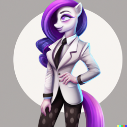 Size: 1024x1024 | Tagged: safe, ai assisted, ai generated, automatically imported, derpibooru import, editor:tenoki, generator:dall-e 2, rarity, anthro, g4, clothes, female, hand on hip, hornless unicorn, makeup, missing horn, necktie, solo, suit, wrong eye color