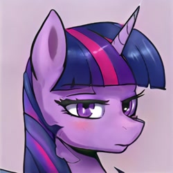 Size: 1024x1024 | Tagged: safe, ai generated, automatically imported, derpibooru import, generator:thisponydoesnotexist, blushing, not twilight sparkle, solo, unamused