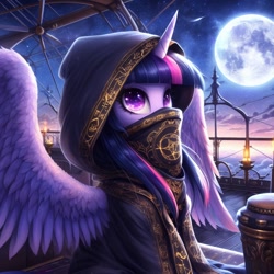 Size: 1024x1024 | Tagged: safe, ai generated, automatically imported, derpibooru import, generator:bing image creator, twilight sparkle, alicorn, pony, g4, airship, beautiful, clothes, cloud, deck, female, full moon, highly detailed, hood, horn, mare, moon, night, night sky, robe, scarf, sky, solo, spread wings, symbol, twilight sparkle (alicorn), wings
