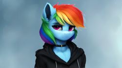 Size: 2576x1440 | Tagged: safe, ai assisted, automatically imported, derpibooru import, prompter:saphkey, rainbow dash, anthro, g4, choker, clothes, female, hoodie, simple background, solo, wallpaper