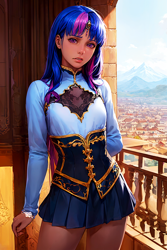 Size: 1152x1728 | Tagged: safe, ai generated, automatically imported, derpibooru import, prompter:n0pe n0pe, twilight sparkle, human, g4, adorasexy, arm behind back, balcony, breasts, city, cityscape, clothes, corset, cute, female, headband, humanized, lace, looking at you, miniskirt, moderate dark skin, mountain, nervous, realistic, royalty, see-through, sexy, shirt, skinny, skirt, small breasts, solo, standing, thin