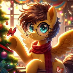 Size: 1524x1524 | Tagged: prompter needed, safe, ai generated, automatically imported, derpibooru exclusive, derpibooru import, oc, oc only, oc:yuris, pegasus, pony, christmas, christmas tree, clothes, ears up, female, freckles, glasses, holiday, looking at you, mare, room, scarf, smiling, smiling at you, solo, spread wings, sunlight, tree, window, wings
