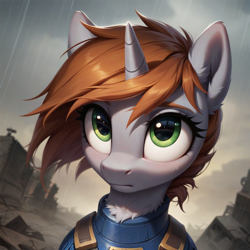 Size: 1024x1024 | Tagged: safe, ai generated, automatically imported, derpibooru import, generator:pony diffusion v6 xl, generator:stable diffusion, prompter:teonanakatle, oc, oc only, oc:littlepip, pony, unicorn, fallout equestria, beautiful eyes, cute, daaaaaaaaaaaw, female, horn, mare, outdoors, smiling, solo