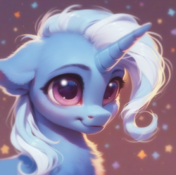 Size: 920x918 | Tagged: safe, ai assisted, ai generated, automatically imported, derpibooru import, generator:purplesmart.ai, generator:stable diffusion, prompter:saltyvity, trixie, pony, unicorn, g4, beautiful, big eyes, blushing, cute, detailed hair, ear fluff, female, fluffy, gradient background, happy, horn, looking at you, mare, purple eyes, shy, smiling, smiling at you, solo, sparkles, white hair