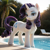 Size: 1024x1024 | Tagged: safe, ai generated, rarity, pony, unicorn, g4, chest fluff, eyeshadow, female, horn, lens flare, lidded eyes, looking at you, makeup, mare, photorealistic, poolside, smiling, solo, swimming pool, unshorn fetlocks