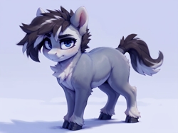 Size: 1024x768 | Tagged: prompter needed, source needed, safe, ai generated, automatically imported, derpibooru import, generator:easyfluff v11.2, generator:stable diffusion, earth pony, pony, g4, abstract background, ambiguous gender, blushing, chest fluff, cloven hooves, colored pinnae, gray coat, hooves, looking at you, pale belly, socks (coat markings), solo, standing, tail, two toned mane, two toned tail