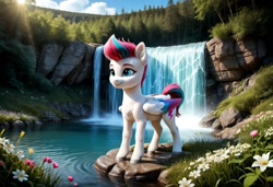 Size: 1600x1095 | Tagged: safe, ai generated, automatically imported, derpibooru import, generator:stable diffusion, prompter:kluknawa235, zipp storm, pegasus, pony, g5, chest fluff, colored wings, ear fluff, female, flower, folded wings, multicolored wings, nature, sky, smiling, solo, standing, tree, water, waterfall, wings