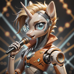 Size: 1400x1400 | Tagged: safe, ai generated, automatically imported, derpibooru import, generator:pony diffusion v6 xl, generator:stable diffusion, prompter:teonanakatle, oc, oc only, gynoid, robot, robot pony, unicorn, anthro, female, gradient background, horn, microphone, solo, suno
