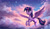 Size: 2688x1536 | Tagged: safe, ai generated, prompter:cypher, twilight sparkle, alicorn, pony, g4, backwards cutie mark, cloud, dusk, female, flying, horn, mare, open mouth, sky, solo, spread wings, stars, wings