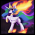 Size: 896x896 | Tagged: safe, ai generated, princess celestia, alicorn, pony, g4, 2022, crown, female, fire, foloded wings, horn, jewelry, looking back at you, mare, raised hoof, regalia, solo, wings