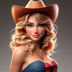 Size: 1024x1024 | Tagged: safe, ai generated, generator:bing image creator, applejack, human, g4, bare shoulders, breasts, cleavage, cowboy hat, female, humanized, looking at you, necklace, realistic, smiling, solo, strapless