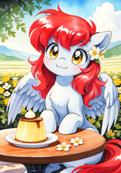 Size: 896x1280 | Tagged: safe, ai generated, generator:wai-nsfw-illustrious-sdxl, prompter:bendy and boney, oc, oc only, oc:tiny jasmini, pegasus, pony, :3, blush lines, blushing, chest fluff, cute, day, female, flower, flower in hair, happy, looking at you, mare, outdoors, partially open wings, pudding, sitting, sitting at table, smiling at you, solo, sunny day, table, watercolor painting, wings