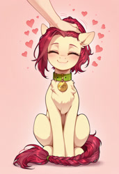 Size: 832x1216 | Tagged: safe, generator:illustrious, prompter:doom9454, roseluck, earth pony, pony, g4, alternate hairstyle, behaving like a cat, braided tail, eyes closed, female, fluffy, happy, human hand, mare, offscreen human, petting, ponytail, sitting, smiling