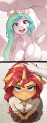Size: 800x2068 | Tagged: safe, ai composition, ai generated, anonymous prompter, princess celestia, sunset shimmer, alicorn, unicorn, anthro, g4, 2 panel comic, :t, big breasts, breasts, busty princess celestia, chest fluff, cleavage, female, frame, happy, head pat, height difference, horn, pouting, smol, unamused, wings