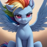 Size: 1024x1024 | Tagged: safe, ai generated, generator:prefect pony xl, prompter:zerowinger, rainbow dash, pegasus, pony, g4, female, gradient background, mare, portrait, sitting, smiling, solo, spread wings, windswept mane, wings