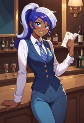 Size: 1280x1856 | Tagged: safe, ai generated, generator:civitai, prompter:jesterofdestiny, minuette, human, g4, alcohol, bar, blushing, bottle, clothes, cuffs (clothes), cutie mark on clothes, dress shirt, earring, female, humanized, looking at you, necktie, pants, paper, ponytail, shirt, smiling, smiling at you, solo, vest