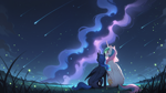 Size: 2560x1440 | Tagged: safe, ai generated, artist:truekry, generator:tponynai3, generator:wai-nsfw-illustrious-sdxl, princess celestia, princess luna, alicorn, firefly (insect), insect, pony, g4, comet, dock, duo, female, field, folded wings, from behind, grass, horn, mare, nebula, night, outdoors, siblings, sisters, sky, stars, tail, wallpaper, wings