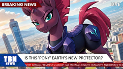 Size: 1024x579 | Tagged: safe, ai assisted, ai composition, ai generated, editor:giantpony, generator:openart.ai, prompter:giantpony, fizzlepop berrytwist, tempest shadow, pony, unicorn, series:gigantic talking horses appear, g4, armored pony, blushing, breaking news, broken horn, clothed female, clothes, confident, female, giant pony, giant unicorn, giantess, horn, implied helicopter, looking at you, macro, macro/micro, mare, news report, smirk, standing