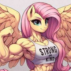 Size: 1024x1024 | Tagged: prompter needed, safe, ai generated, fluttershy, pegasus, anthro, g4, abs, breasts, clothes, female, flexing, looking at you, muscles, muscleshy, muscular, muscular anthro, muscular female, shirt, simple background, smiling, solo, tank top