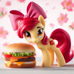 Size: 1024x1024 | Tagged: prompter needed, safe, ai generated, apple bloom, earth pony, pony, g4, 3d, alternate cutie mark, bow, burger, cheese, female, food, fruit, hair accessory, hair bow, hair ribbon, lettuce, mcdonald's, ribbons, shadow, smiling, solo, standing