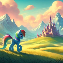 Size: 1024x1024 | Tagged: prompter needed, safe, ai generated, rainbow dash, pegasus, pony, g4, castle, cloud, detailed background, female, grass, mountain, outdoors, sky, smiling, solo, standing