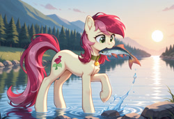 Size: 1216x832 | Tagged: safe, generator:illustrious, prompter:doom9454, roseluck, earth pony, fish, pony, g4, behaving like a cat, collar, cute, female, fluffy, mouth hold, pet tag, ponies eating meat, pony pet, river, rosepet