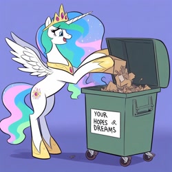 Size: 1024x1024 | Tagged: prompter needed, safe, ai generated, princess celestia, alicorn, pony, g4, box, crown, female, headgear, horn, jewelry, open mouth, regalia, simple background, smiling, solo, trash, trash can