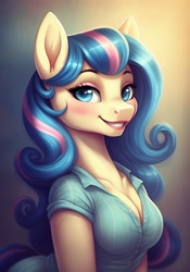 Size: 896x1280 | Tagged: safe, ai generated, generator:google imagen 3.0, prompter:zerowinger, bon bon, sweetie drops, earth pony, anthro, g4, blush lines, breasts, clothes, female, gradient background, lipstick, portrait, shirt, smiling, solo