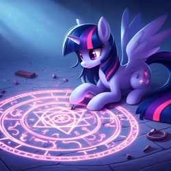 Size: 1024x1024 | Tagged: prompter needed, safe, ai generated, twilight sparkle, alicorn, pony, female, horn, magic, magic circle, smiling, solo, twilight sparkle (alicorn)