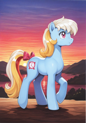 Size: 896x1280 | Tagged: safe, ai generated, generator:wai-nsfw-illustrious-sdxl, prompter:bendy and boney, bright eyes (twinkle eyed pony), earth pony, pony, g1, female, mare, outdoors, solo, tail bow, twinkle eyed pony, walking