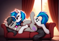 Size: 1856x1280 | Tagged: safe, ai generated, generator:novelai, prompter:crescent pulsar, dj pon-3, octavia melody, vinyl scratch, earth pony, pony, unicorn, g4, affectionate, chest fluff, couch, curtains, duo, duo female, evening, eyes closed, female, females only, horn, indoors, lesbian, loving gaze, lying down, lying on top of someone, mare, nose-to-nose, noseboop, octavia's bowtie, on back, patio door, ship:scratchtavia, shipping, side view, smiling, smiling at each other, touching moment