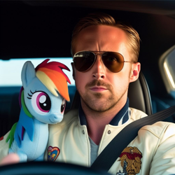 Size: 1024x1024 | Tagged: prompter needed, safe, ai generated, rainbow dash, human, pegasus, pony, g4, beard, car, clothes, driver, duo, female, jacket, leather jacket, male, plushie, ryan gosling, solo, sunglasses, vehicle