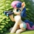 Size: 1536x1536 | Tagged: safe, ai generated, generator:novelai, prompter:crescent pulsar, bon bon, sweetie drops, earth pony, pony, g4, binoculars, bush, chest fluff, female, full body, grass, holding, holding object, looking forward, mare, outdoors, sitting, smiling, solo, spying