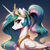 Size: 1280x1280 | Tagged: safe, ai generated, generator:pony diffusion v6 xl, prompter:paleluna, princess celestia, alicorn, pony, g4, female, folded wings, gradient background, horn, looking at you, mane, mare, ponytail, portrait, smiling, solo, wings