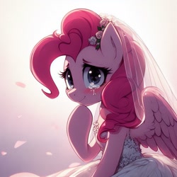 Size: 1024x1024 | Tagged: prompter needed, safe, ai generated, pinkie pie, pegasus, pony, g4, blushing, clothes, crying, dress, female, flower, looking at you, race swap, simple background, smiling, solo, tears, tears of joy, veil, wedding dress