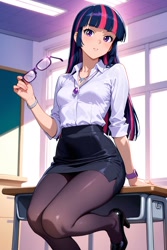 Size: 1024x1536 | Tagged: safe, ai generated, generator:stable diffusion, prompter:cheyzet, twilight sparkle, human, g4, anime, anime style, classroom, clothes, glass, heels, humanized, multicolored hair, pantyhose, skirt, solo, teacher