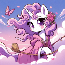 Size: 1024x1024 | Tagged: prompter needed, safe, ai generated, sweetie belle, butterfly, pony, unicorn, g4, blushing, broom, clothes, cloud, duo, female, flower, flower in hair, flying, hair accessory, horn, looking at you, robe, sky, smiling, solo