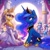 Size: 1024x1024 | Tagged: prompter needed, safe, ai generated, princess luna, oc, alicorn, pony, unicorn, g4, clothes, crown, dress, duo, female, flower, headgear, horn, jewelry, looking at another, necklace, regalia, sitting, smiling, tiara, wedding dress