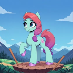 Size: 1456x1456 | Tagged: safe, ai generated, prompter:cypher, jazz hooves, earth pony, pony, g5, female, hoof polish, mare, mountain, raised hoof, sky, solo