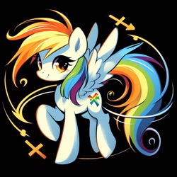 Size: 1024x1024 | Tagged: prompter needed, safe, ai generated, rainbow dash, pegasus, pony, g4, black background, female, looking at you, simple background, smiling, solo