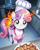 Size: 1024x1280 | Tagged: safe, ai generated, generator:noobaicyberfix, prompter:bendy and boney, sweetie belle, pony, unicorn, g4, "food", apron, chef's hat, clothes, fail, female, filly, fire, foal, hat, horn, indoors, kitchen, looking at you, on fire, plate, smiling, solo, sweetie belle can't cook, sweetie fail