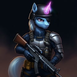 Size: 1024x1024 | Tagged: safe, ai generated, generator:google imagen 3.0, prompter:zerowinger, trixie, unicorn, anthro, series:g.i. pony: a real equestrian hero, g4, assault rifle, body armor, clothes, cosplay, costume, eyepatch, female, g.i. joe, glowing, glowing horn, gradient background, grenade, helmet, horn, major bludd, military uniform, solo, weapon