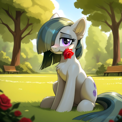Size: 1024x1024 | Tagged: safe, ai generated, prompter:teaspoon, marble pie, earth pony, pony, g4, chest fluff, ear fluff, female, flower in mouth, grass, hair over one eye, lidded eyes, looking at you, mare, park, rose (flower), rose in mouth, sitting, smiling
