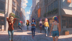 Size: 1920x1088 | Tagged: safe, ai composition, artist:truekry, generator:tponynai3, applejack, fluttershy, pinkie pie, rainbow dash, rarity, sunset shimmer, twilight sparkle, human, equestria girls, g4, bad quality, city, group, humanized, shopping district, street, walking