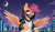 Size: 2688x1536 | Tagged: safe, artist:kanemon, prompter:kanemon, scootaloo, pegasus, pony, g4, backpack, city, clothes, cloud, female, glitch, gloves, hood, hoodie, magic, magic aura, mask, moon, night, sky, solo