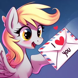 Size: 1024x1024 | Tagged: prompter needed, safe, ai generated, derpy hooves, pegasus, pony, g4, blushing, female, letter, open mouth, open smile, portrait, simple background, smiling, solo, tongue, underp