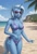 Size: 832x1216 | Tagged: safe, ai generated, generator:prefect pony xl, prompter:zerowinger, trixie, unicorn, anthro, g4, beach, bikini, breasts, clothes, cloud, female, horn, legs together, ocean, palm tree, sky, smiling, solo, solo female, sunglasses, swimsuit