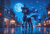 Size: 3712x2560 | Tagged: safe, ai generated, generator:stable diffusion, prompter:thelight3d, princess luna, alicorn, pony, g4, beautiful, chest fluff, city, cityscape, ear fluff, female, fluffy, low angle, mare, moon, night, png, smiling, solo, stars, walking