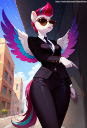 Size: 800x1169 | Tagged: safe, ai generated, prompter:raptorcleave, zipp storm, pegasus, anthro, g5, black clothes, black suit, clothes, female, pointing, solo, solo female, spread wings, suit, sunglasses, tie, tuxedo, wings